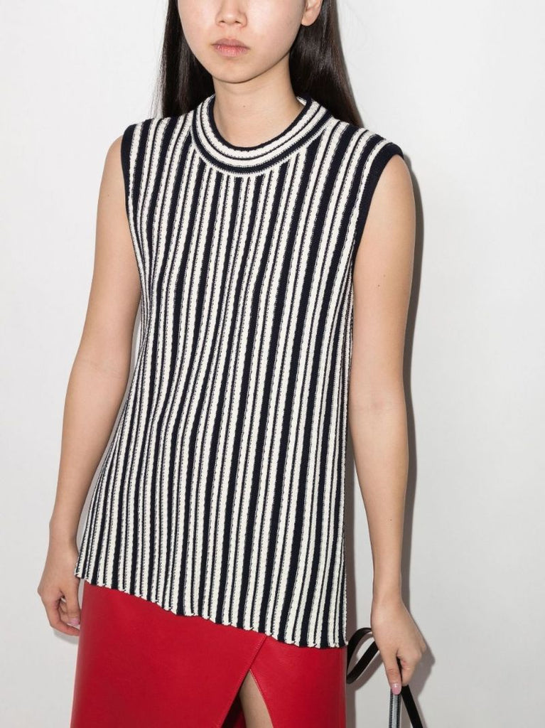 Striped Rib-knit Sleeveless Cotton Top