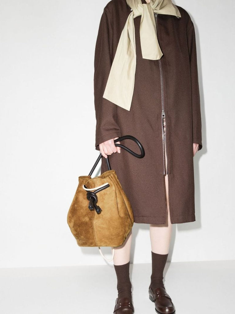 Brown Elongated Suede Bucket Bag