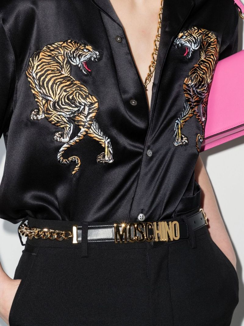 Black Logo Plaque Chain Leather Belt