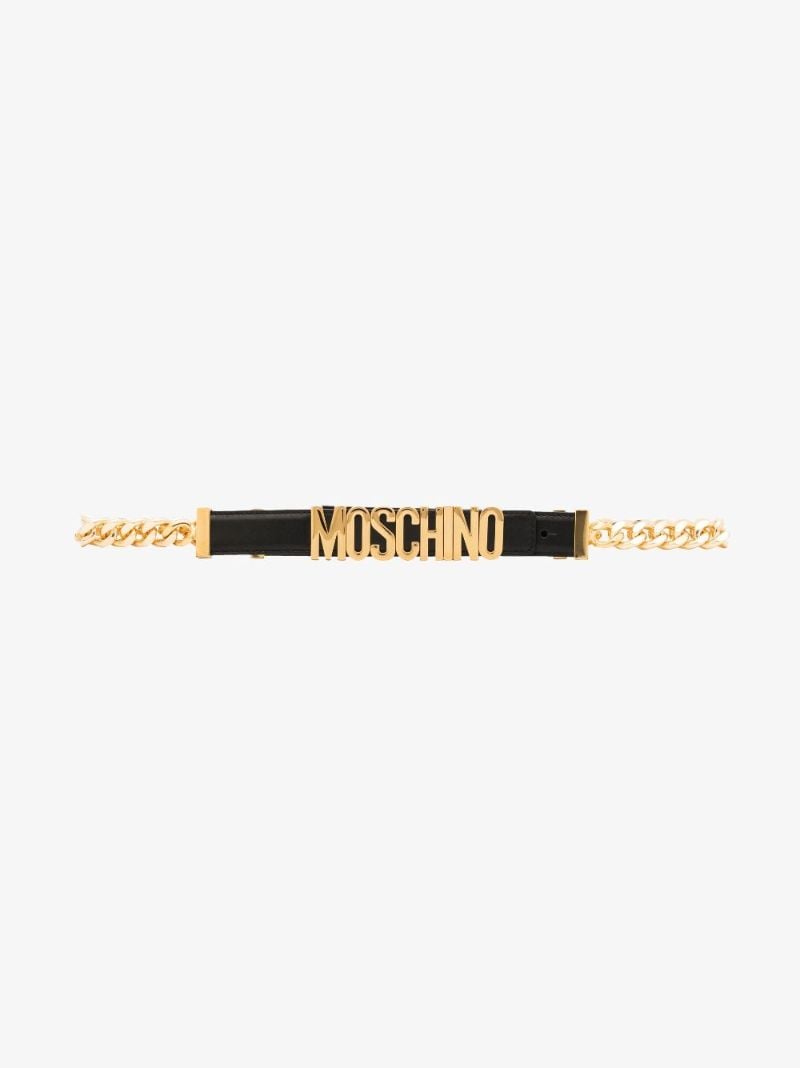 Black Logo Plaque Chain Leather Belt