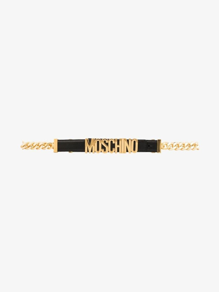 Black Logo Plaque Chain Leather Belt