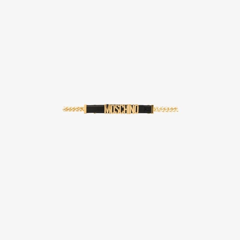 Black Logo Plaque Chain Leather Belt