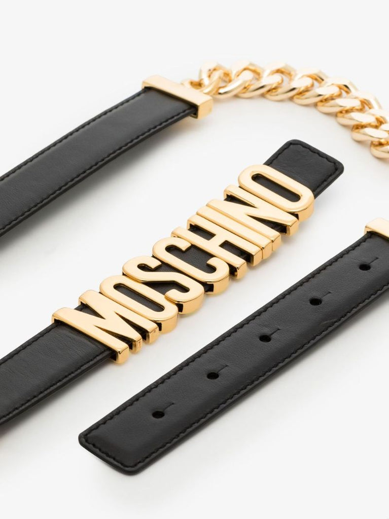 Black Logo Plaque Chain Leather Belt