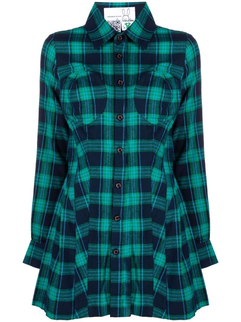 Blue and Green Checked Bust Detail Shirt Dress