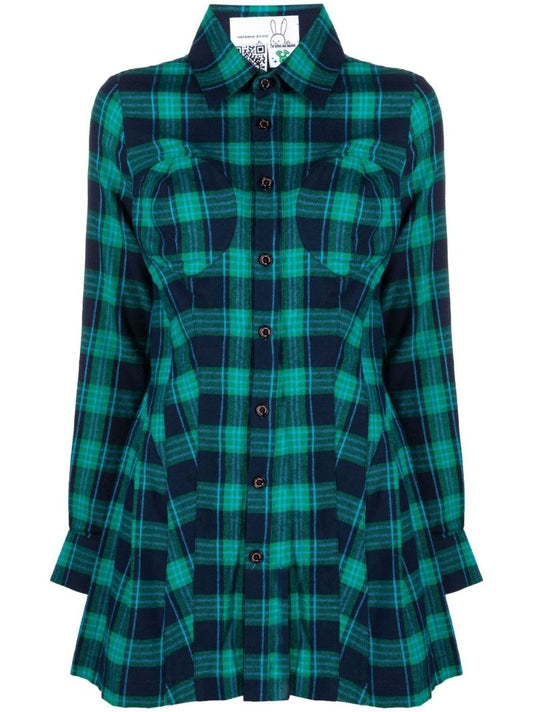 Blue and Green Checked Bust Detail Shirt Dress