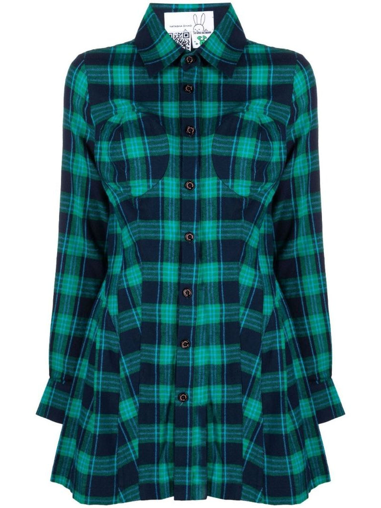 Blue and Green Checked Bust Detail Shirt Dress