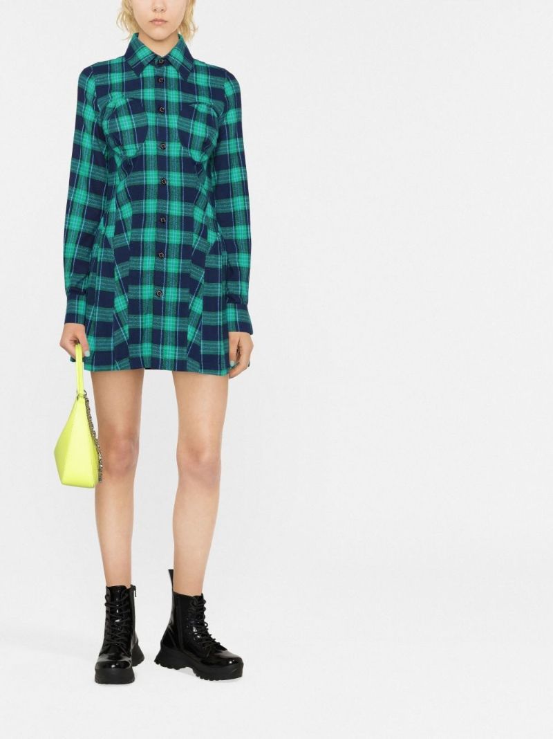 Blue and Green Checked Bust Detail Shirt Dress