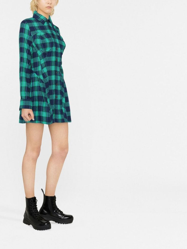 Blue and Green Checked Bust Detail Shirt Dress