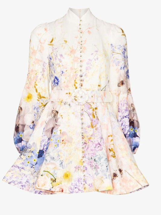 Rhythmic Floral Print Linen Mini Dress
