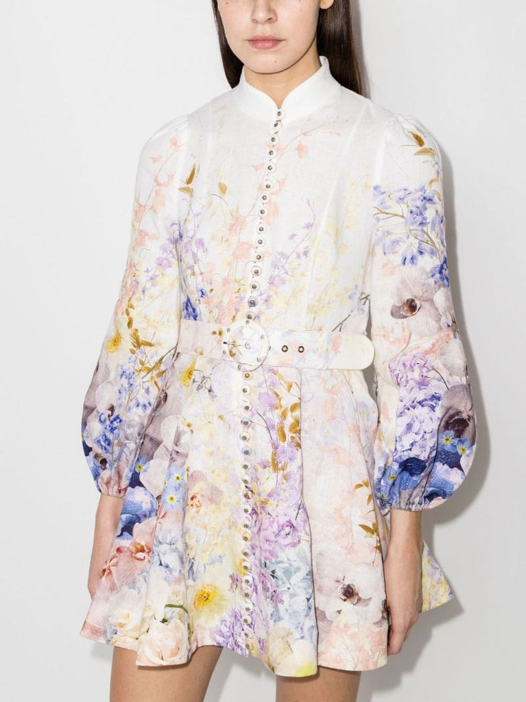 Rhythmic Floral Print Linen Mini Dress
