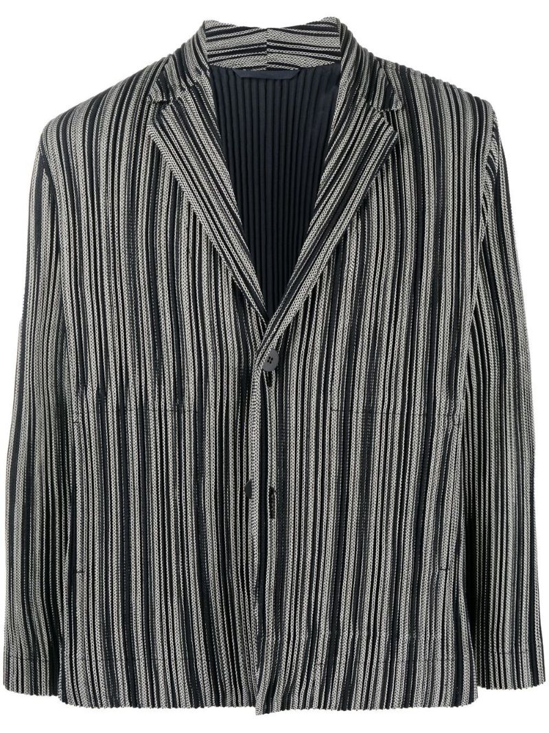 Black and White Leno Striped PlissÃ_x0083_Â© Shirt Blazer