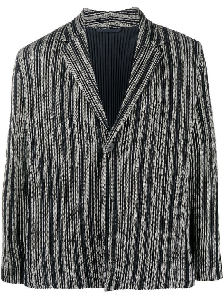 Black and White Leno Striped PlissÃ_x0083_Â© Shirt Blazer
