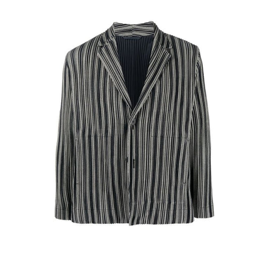 Black and White Leno Striped PlissÃ_x0083_Â© Shirt Blazer
