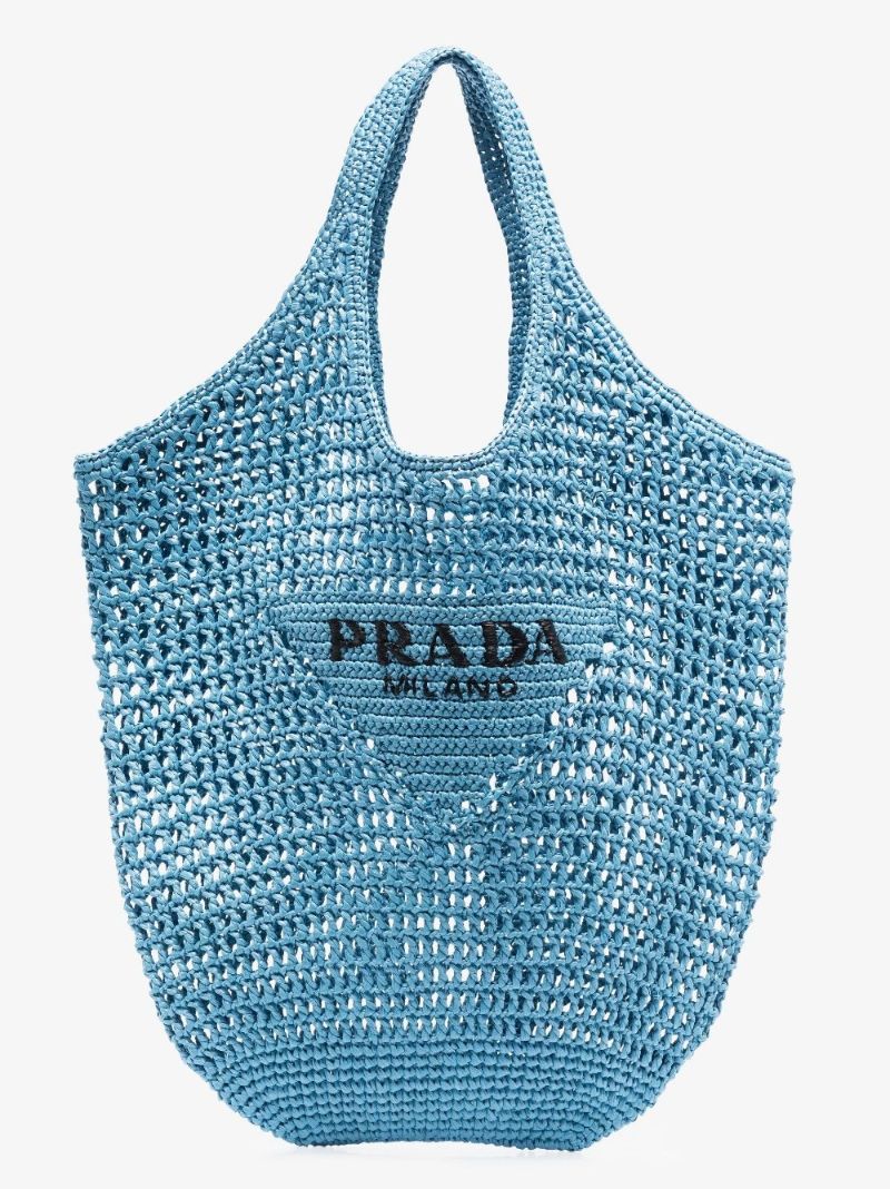 Blue Raffia Logo Shopping Tote Bag
