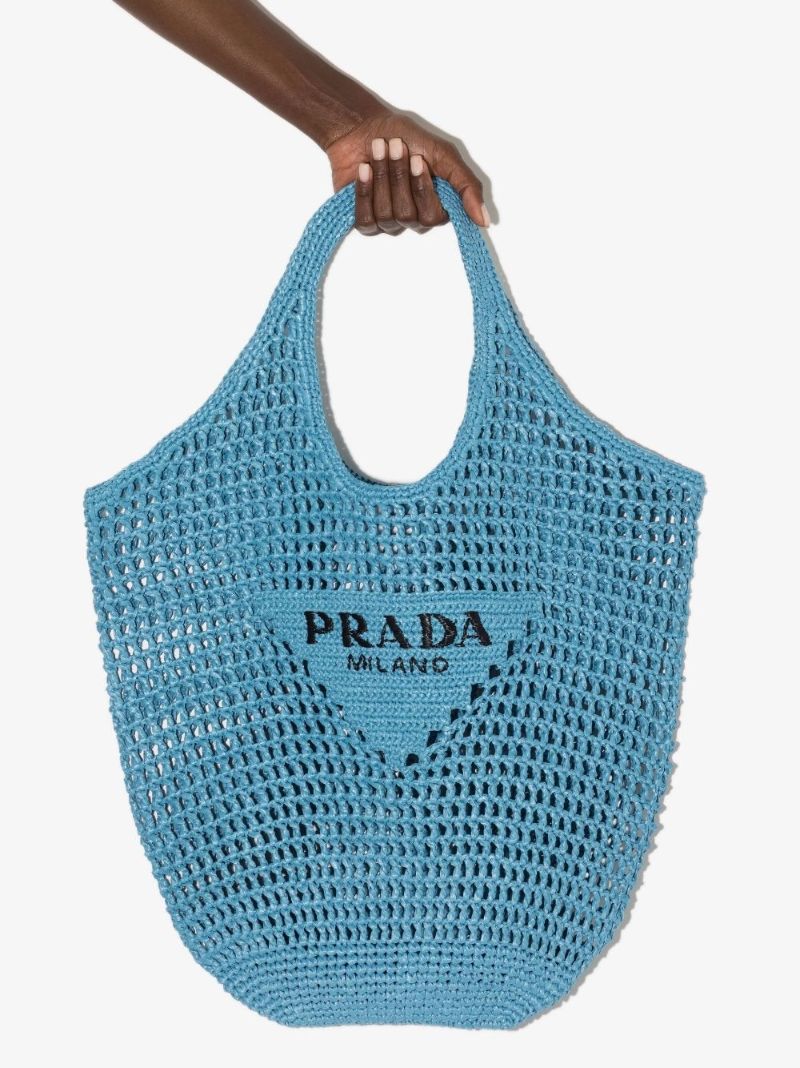 Blue Raffia Logo Shopping Tote Bag