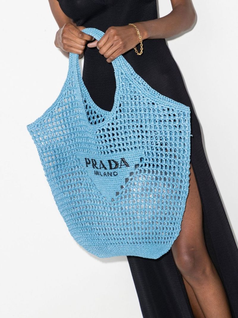 Blue Raffia Logo Shopping Tote Bag
