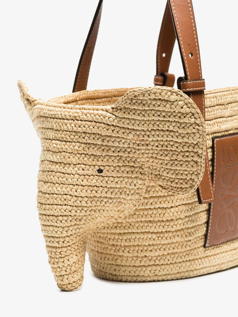 Neutral Elephant Small Raffia Tote Bag