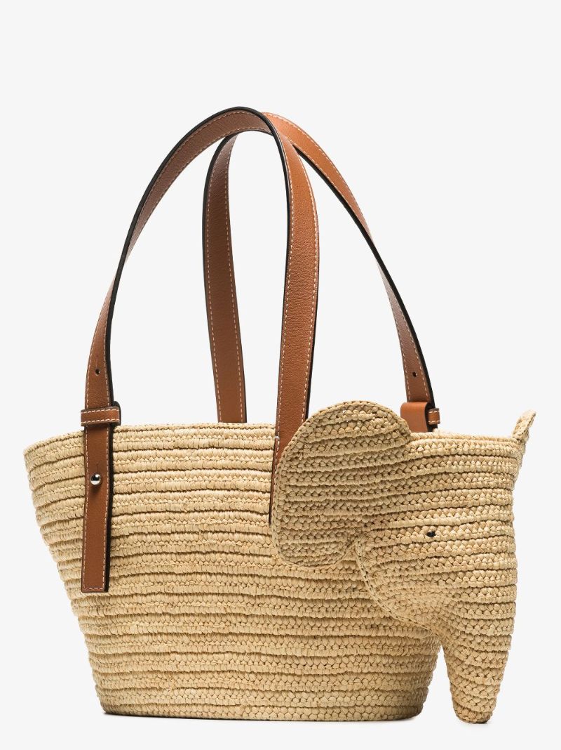 Neutral Elephant Small Raffia Tote Bag