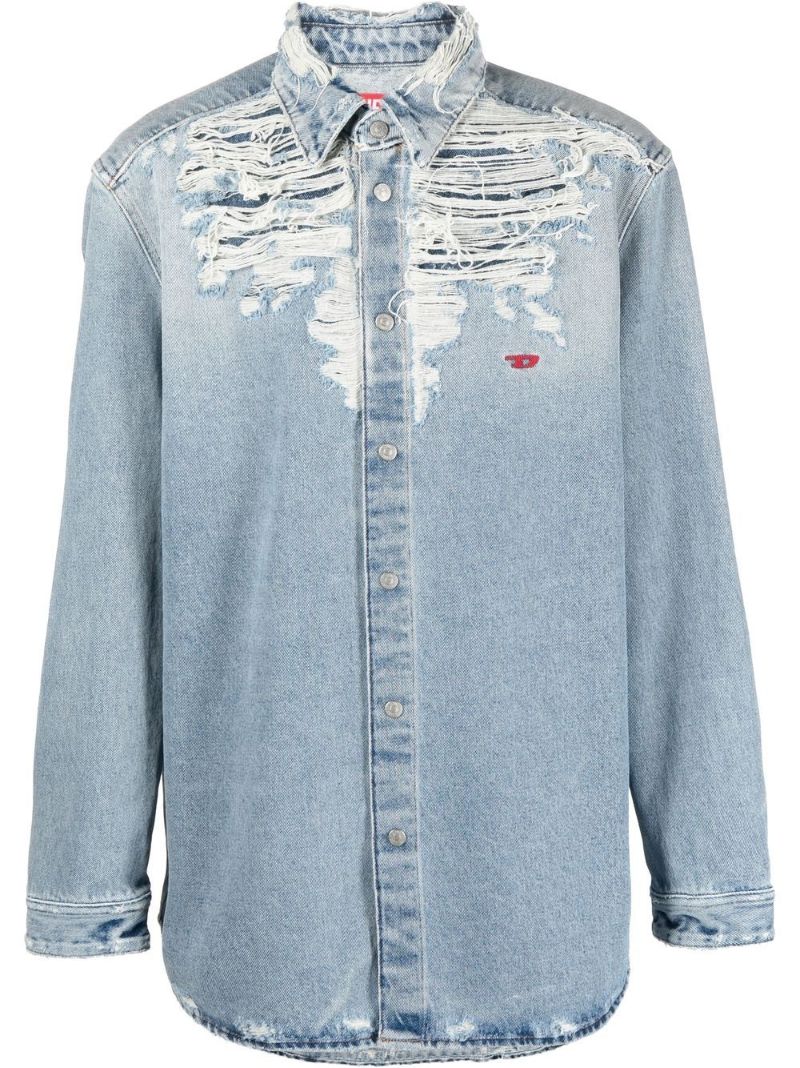 Blue Distressed Embroidered Logo Denim Shirt