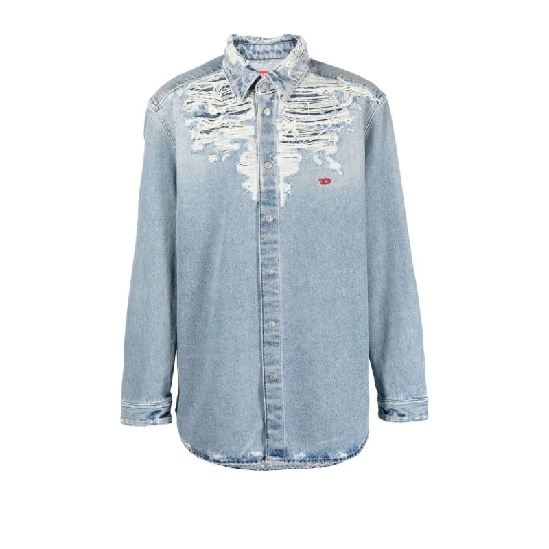 Blue Distressed Embroidered Logo Denim Shirt