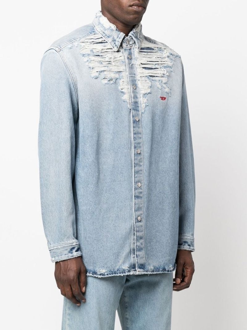 Blue Distressed Embroidered Logo Denim Shirt