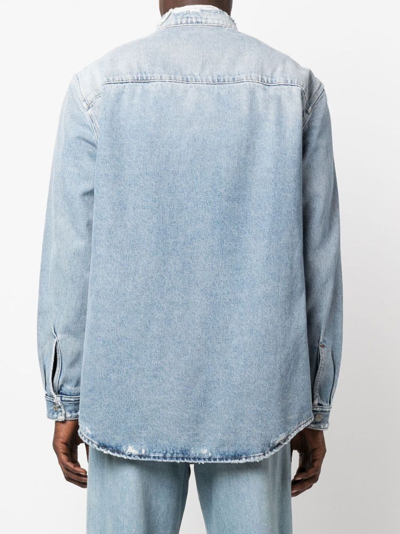 Blue Distressed Embroidered Logo Denim Shirt