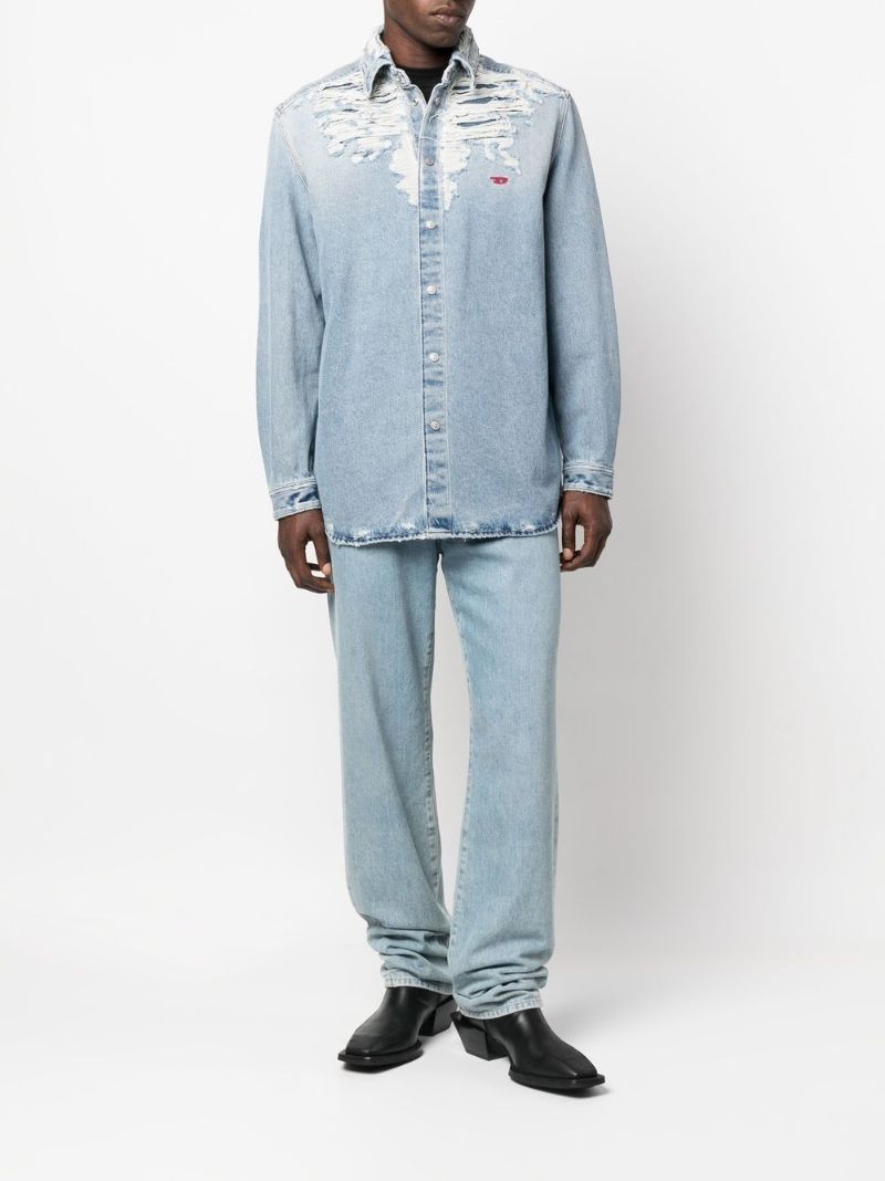 Blue Distressed Embroidered Logo Denim Shirt