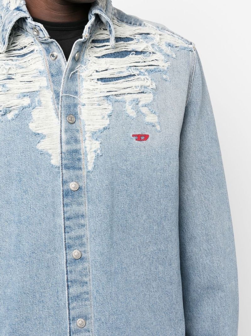 Blue Distressed Embroidered Logo Denim Shirt