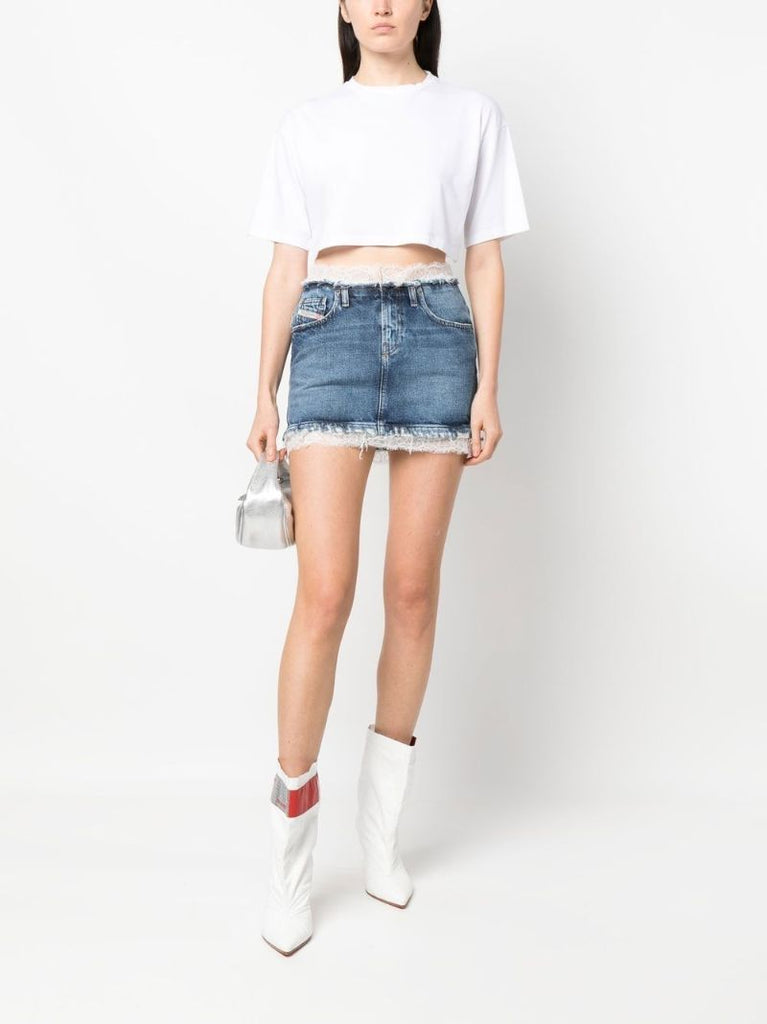 Blue Lace-trimmed Distressed Denim Mini Skirt
