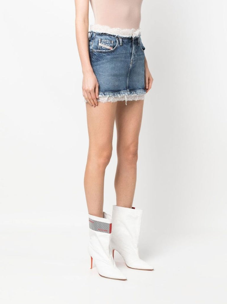 Blue Lace-trimmed Distressed Denim Mini Skirt