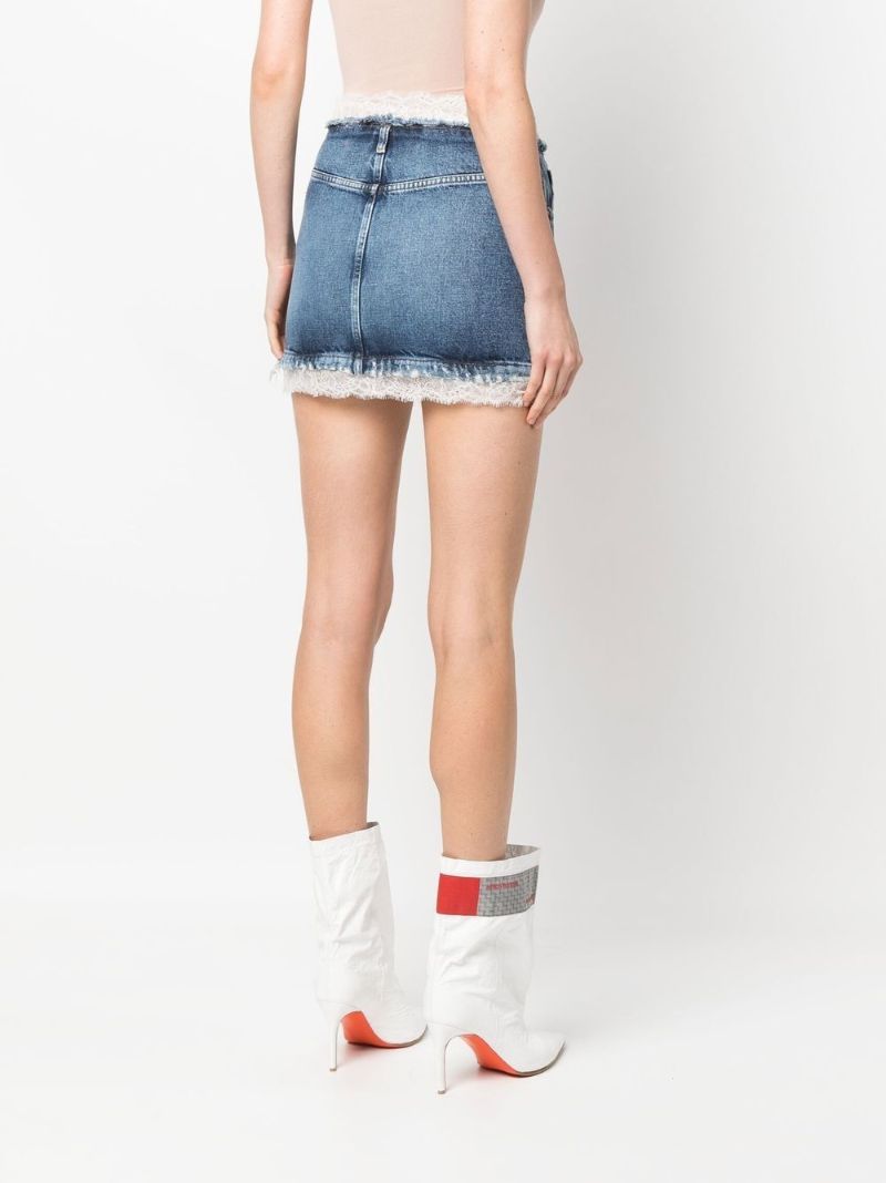 Blue Lace-trimmed Distressed Denim Mini Skirt