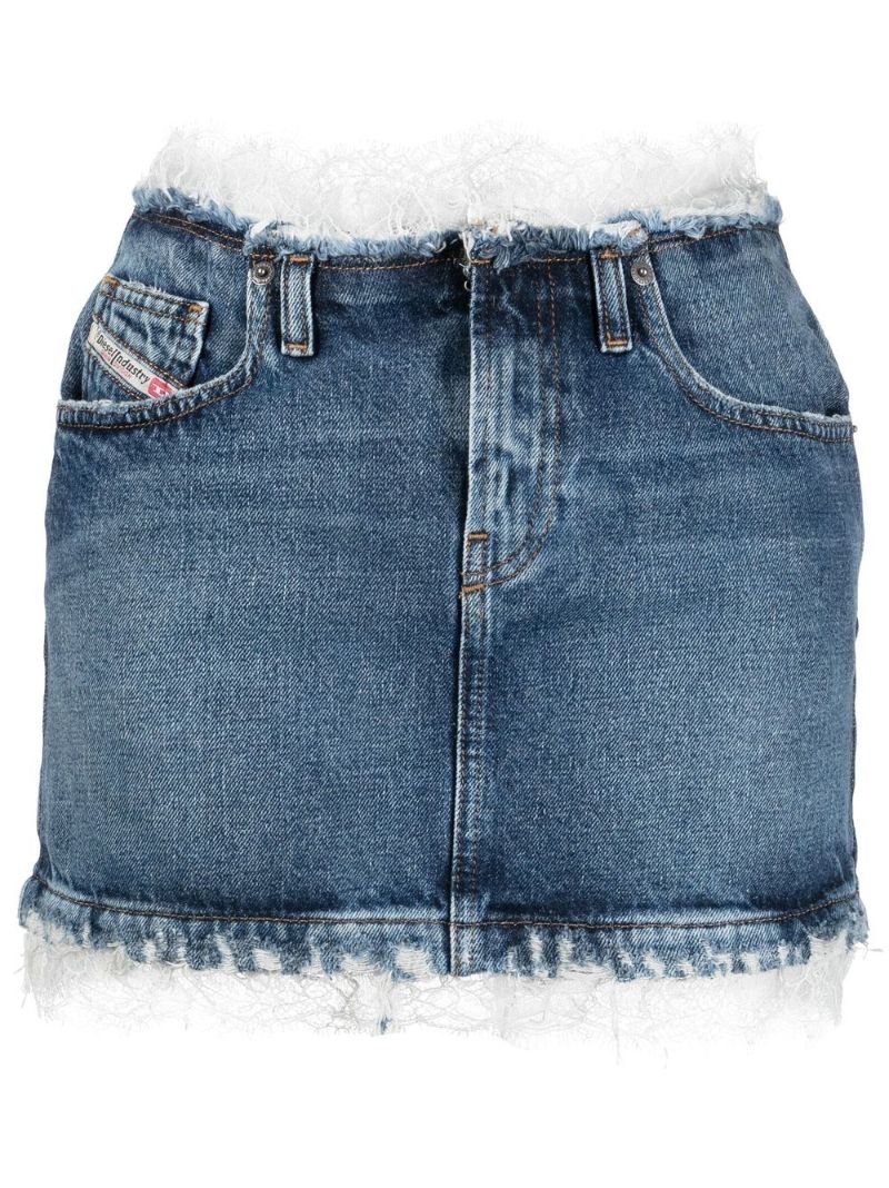 Blue Lace-trimmed Distressed Denim Mini Skirt