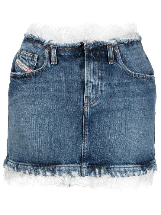 Blue Lace-trimmed Distressed Denim Mini Skirt