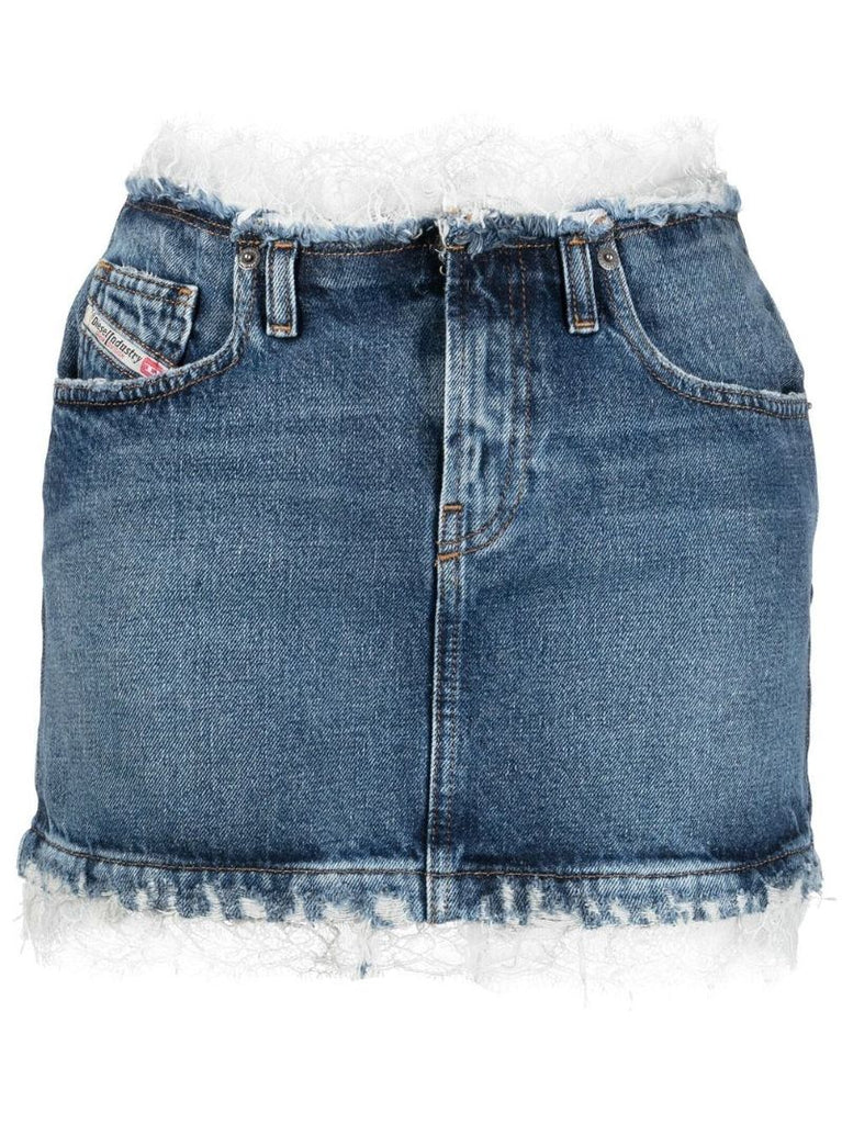Blue Lace-trimmed Distressed Denim Mini Skirt