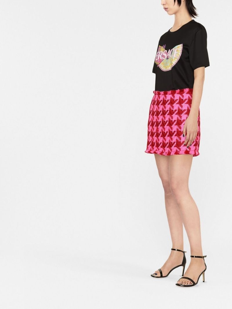 Pink Houndstooth Wool Mini Skirt