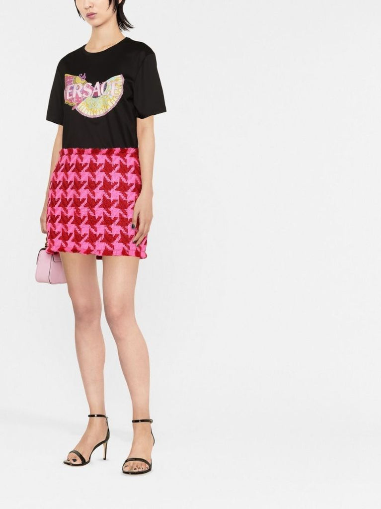 Pink Houndstooth Wool Mini Skirt