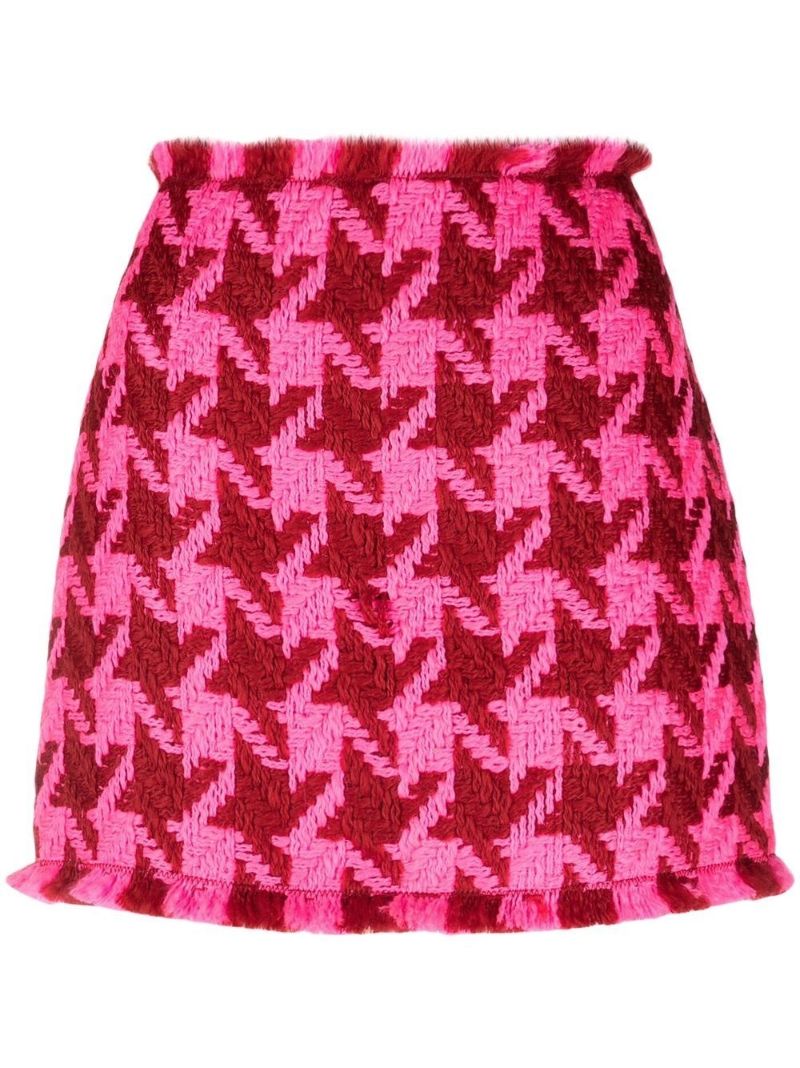 Pink Houndstooth Wool Mini Skirt