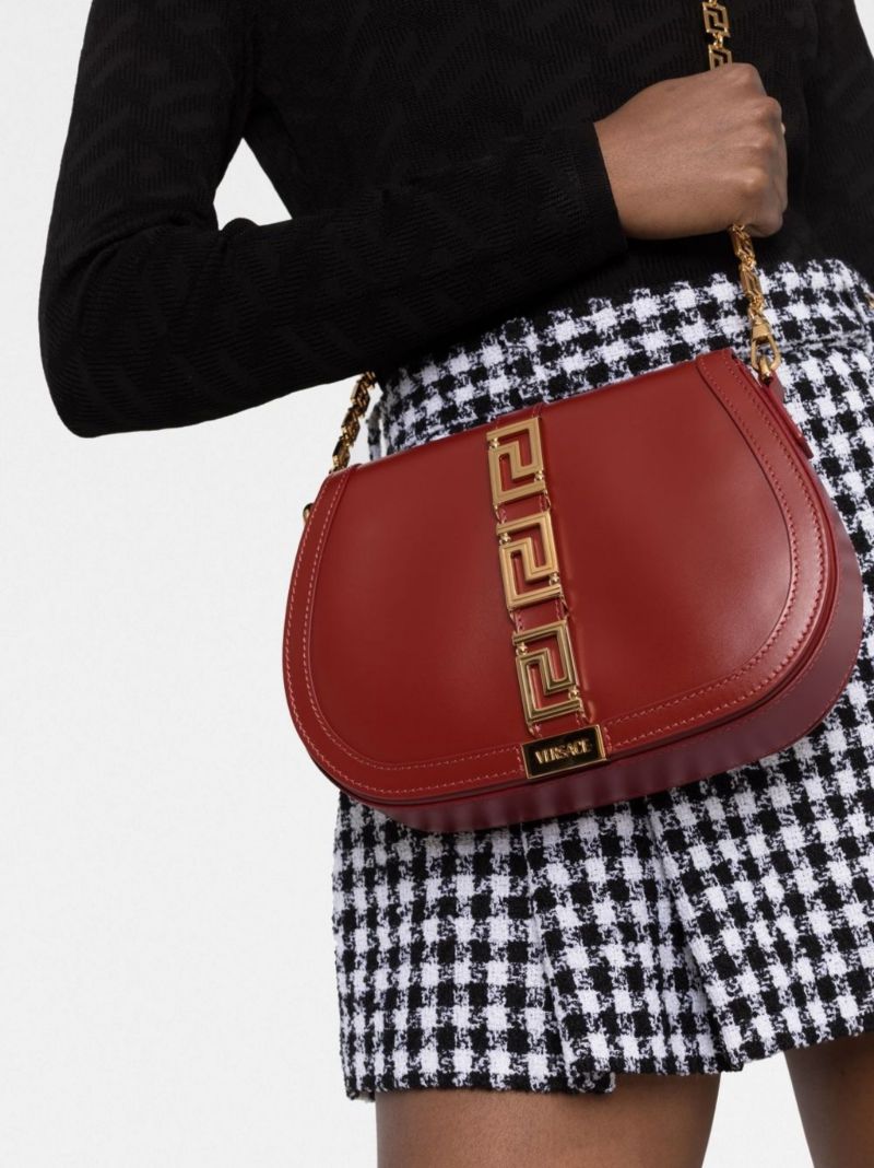 Red Greca Goddess Large Leather Shoulder Bag