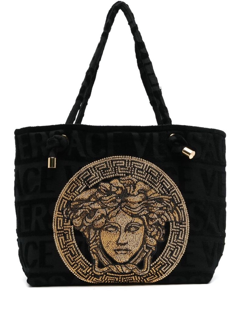 Black Cotton Medusa Embellished Tote Bag