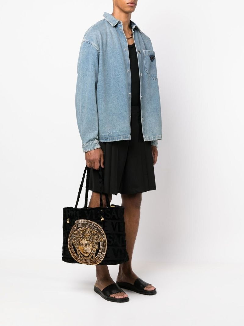 Black Cotton Medusa Embellished Tote Bag