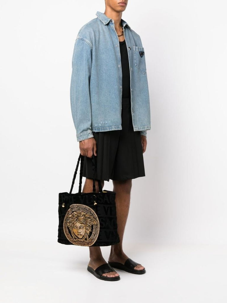 Black Cotton Medusa Embellished Tote Bag