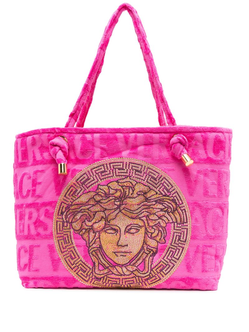 Pink Medusa Head Crystal Embellished Tote Bag