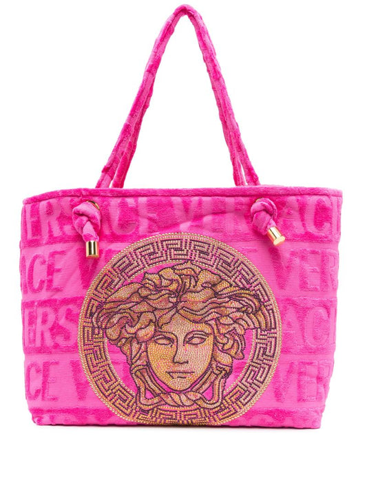 Pink Medusa Head Crystal Embellished Tote Bag