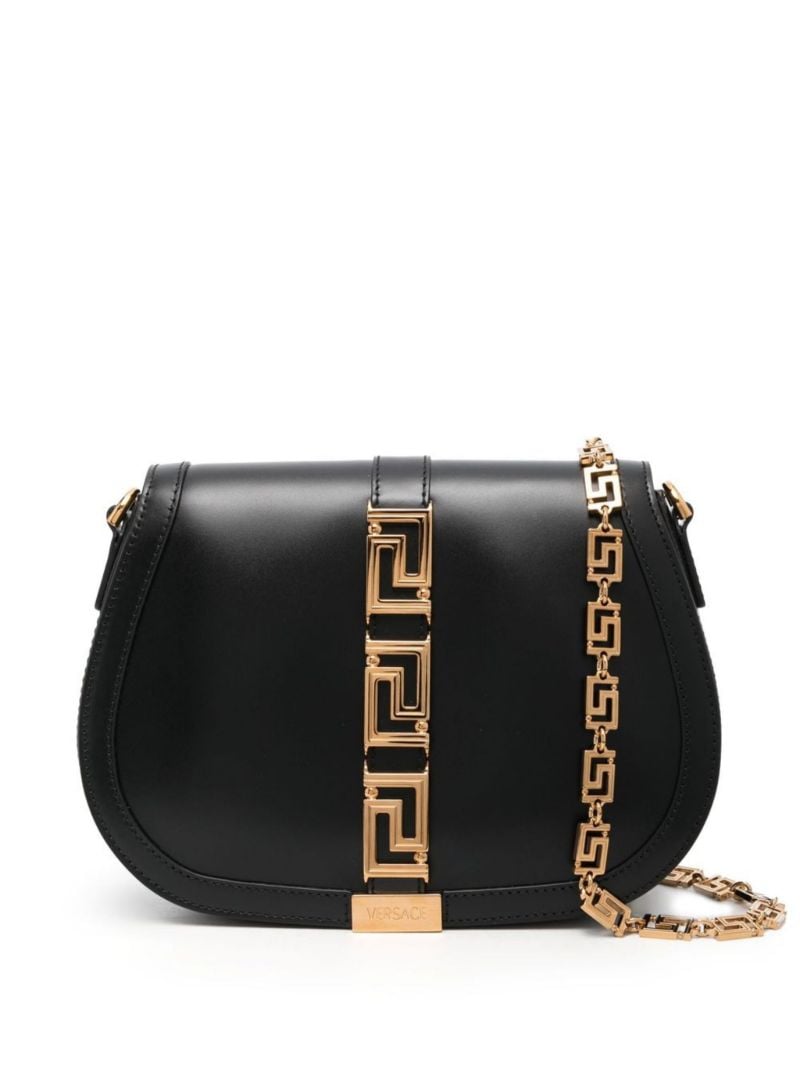 Black Greca Goddess Large Leather Shoulder Bag