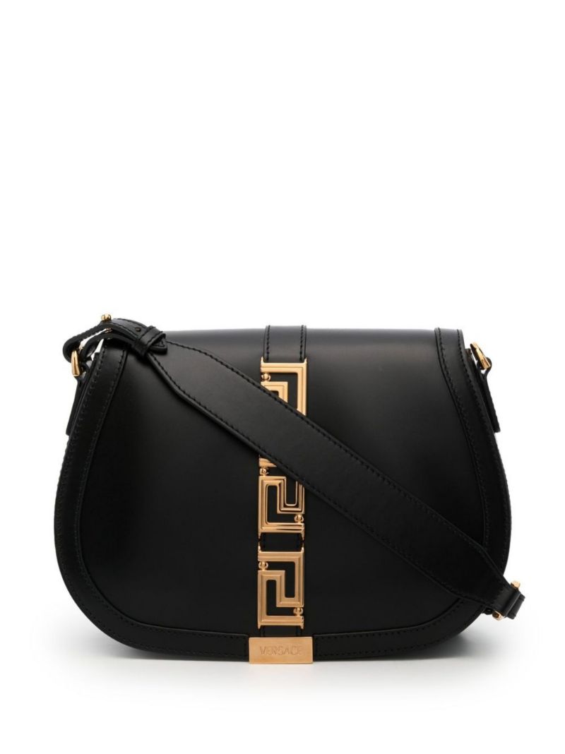 Black Greca Goddess Large Leather Shoulder Bag