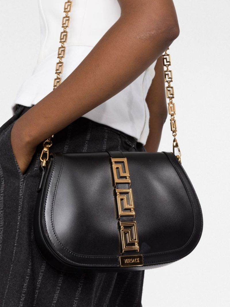 Black Greca Goddess Large Leather Shoulder Bag
