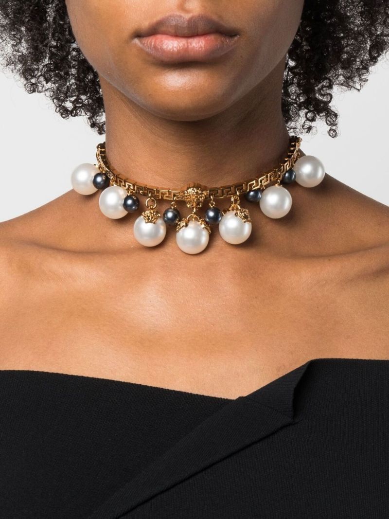 Gold-tone Medusa Faux Pearl Choker Necklace
