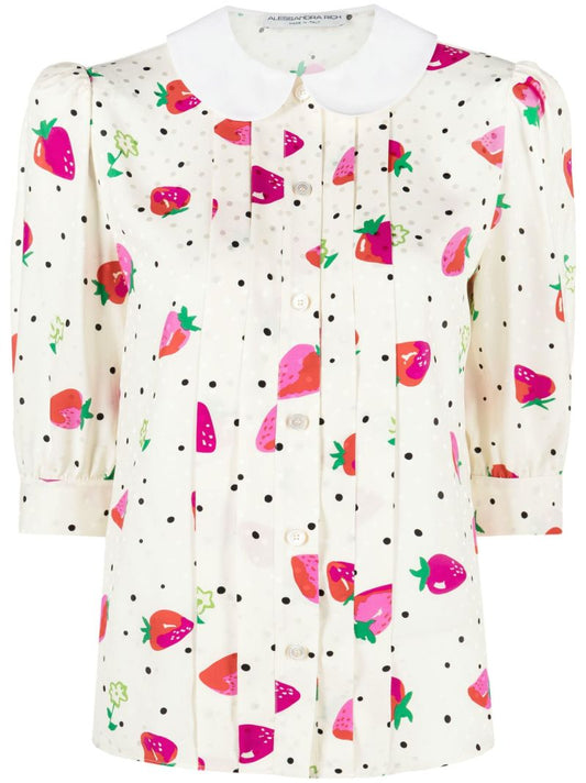 Neutral Strawberry Print Silk Blouse
