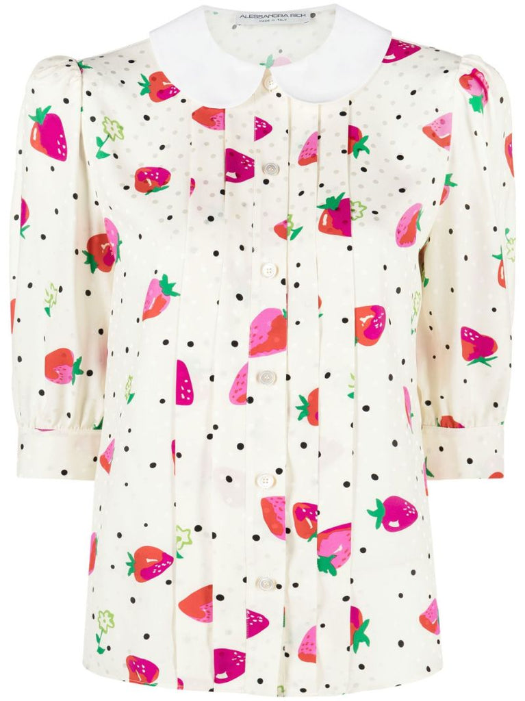 Neutral Strawberry Print Silk Blouse