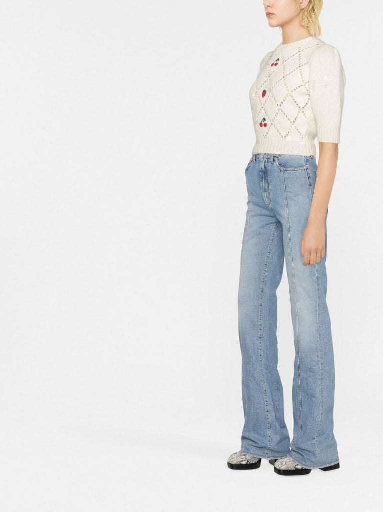 Blue Logo-embroidered High Waist Flared Jeans